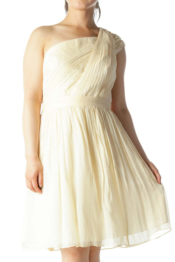 Cream 100% Silk One-Shoulder Pleated Occasion-Dress