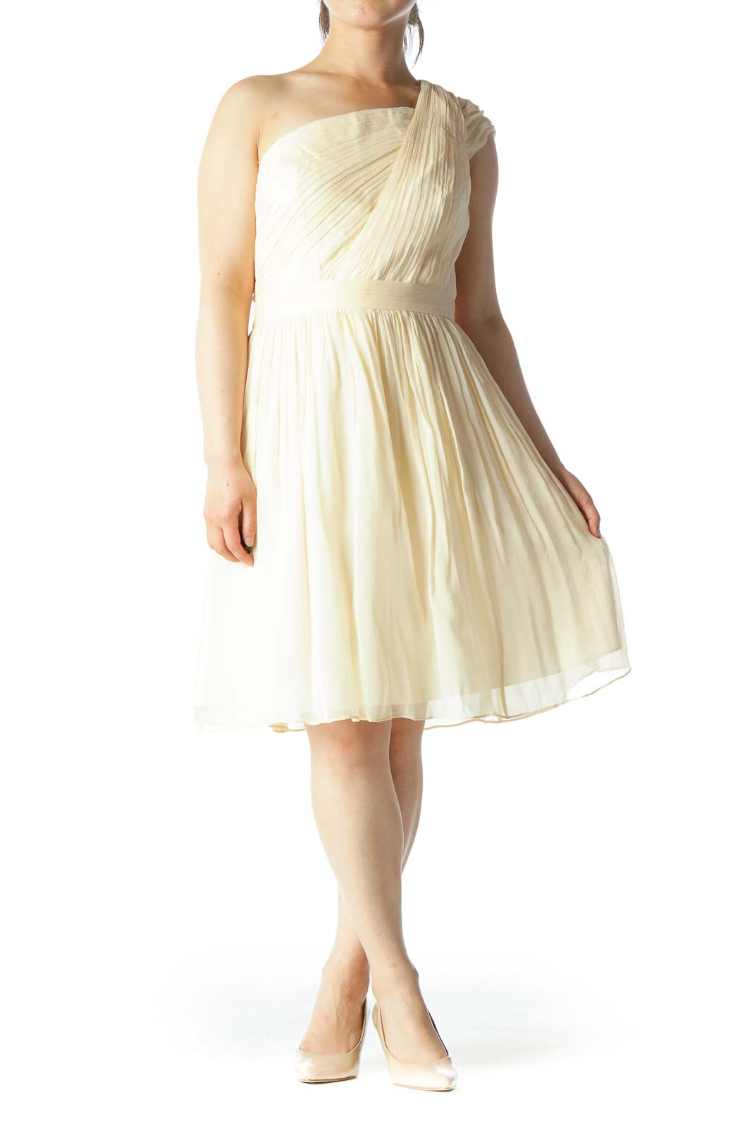 Cream 100% Silk One-Shoulder Pleated Occasion-Dress