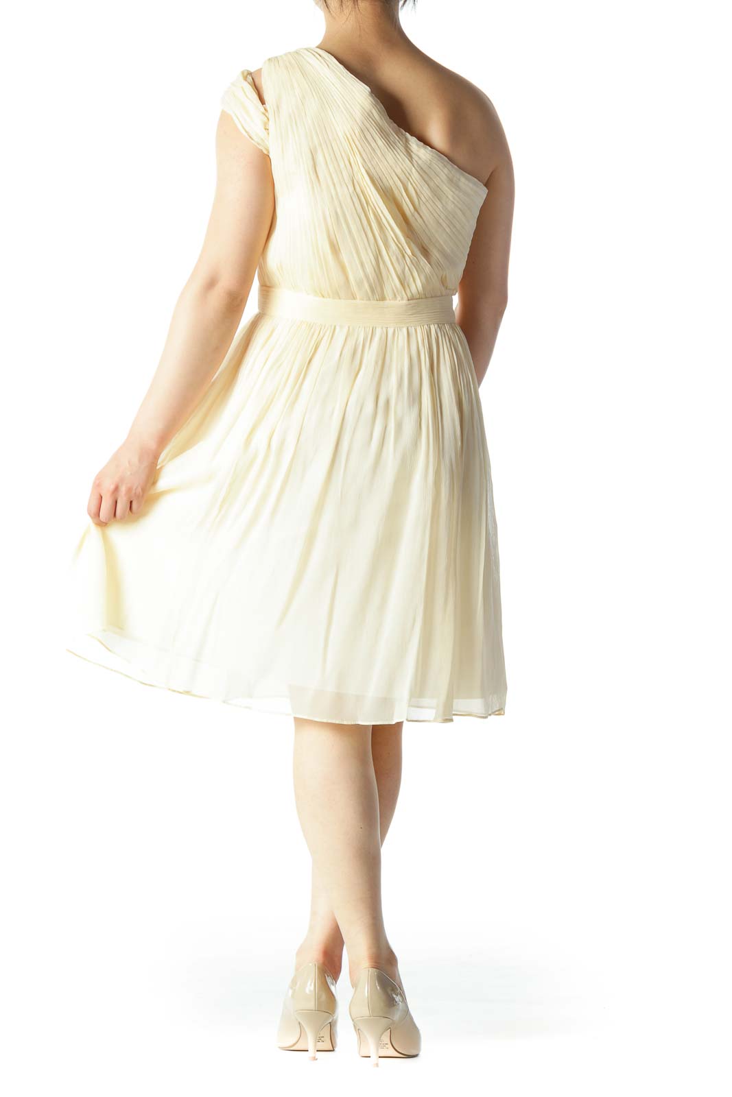 Cream 100% Silk One-Shoulder Pleated Occasion-Dress