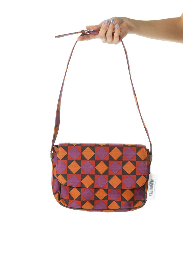 Orange/Purple/Black Geometric Print Shoulder Bag