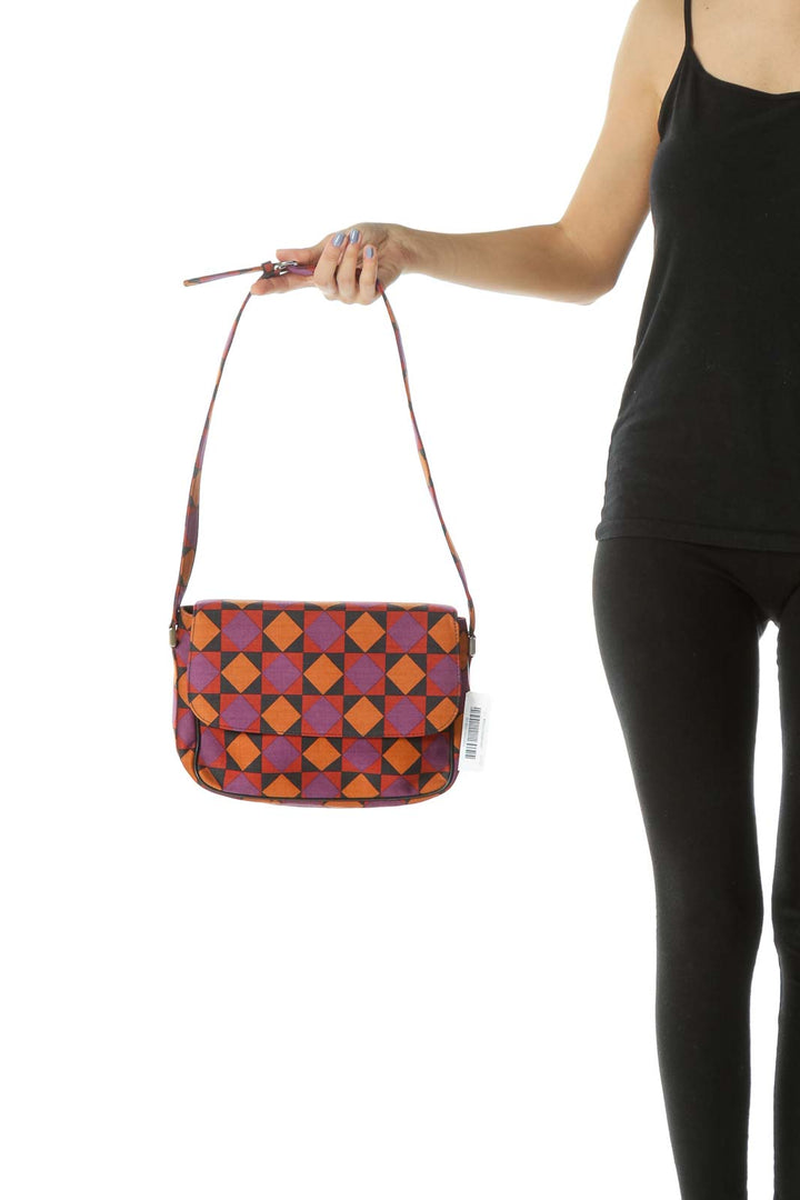 Orange/Purple/Black Geometric Print Shoulder Bag