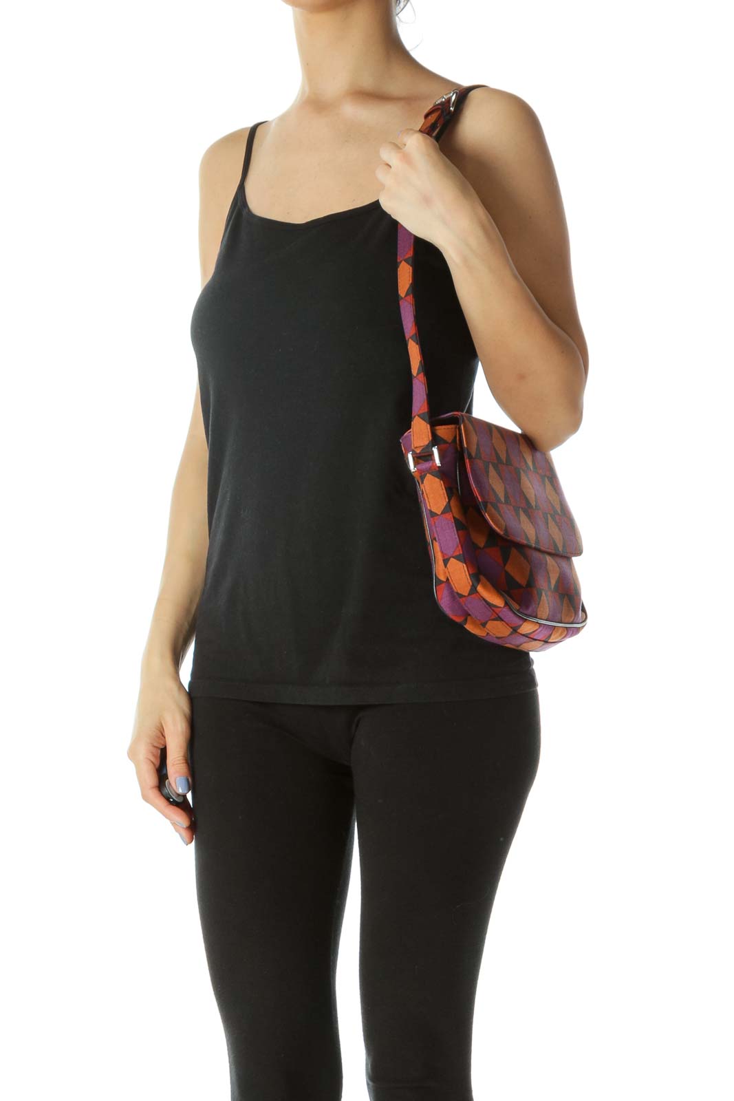 Orange/Purple/Black Geometric Print Shoulder Bag