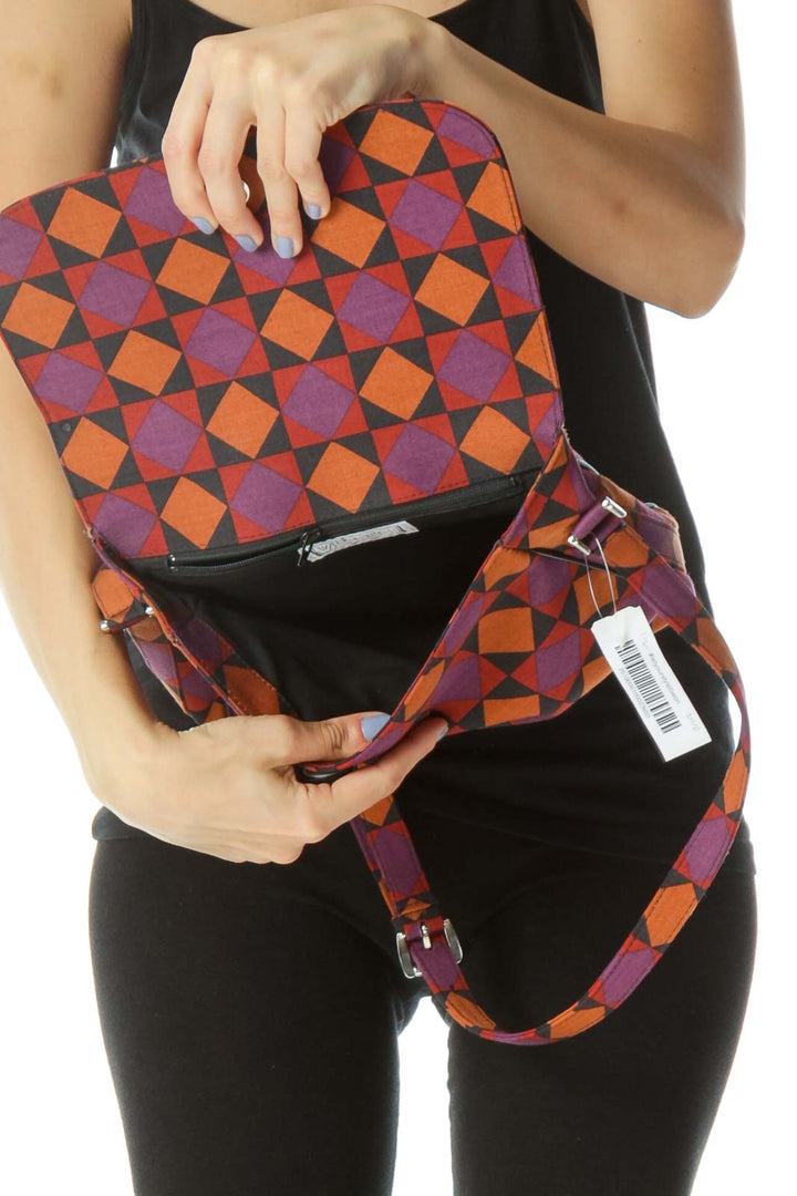 Orange/Purple/Black Geometric Print Shoulder Bag