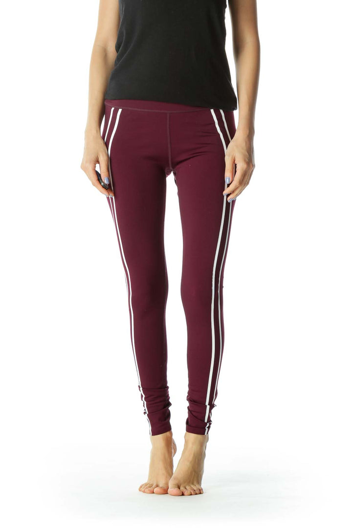 Burgundy/White Side-Stripes Activewear Leggings