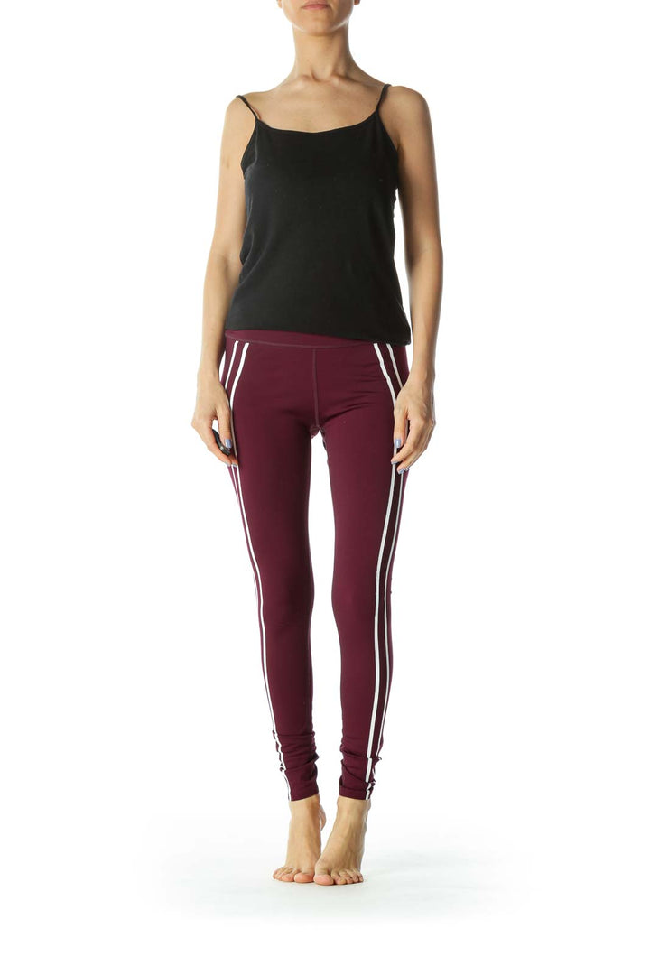 Burgundy/White Side-Stripes Activewear Leggings