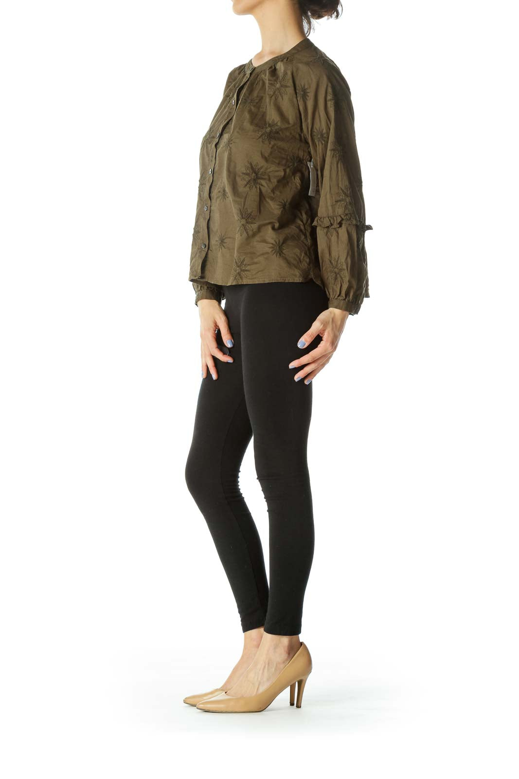 Olive-Green Embroidered Flowers Long-Sleeve Blouse