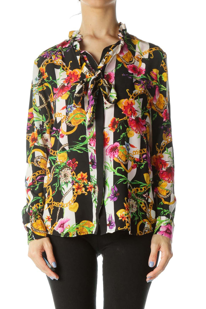 Multicolored 100% Silk Print Ruffled-Collar Metallic Buttons Long-Sleeve Blouse