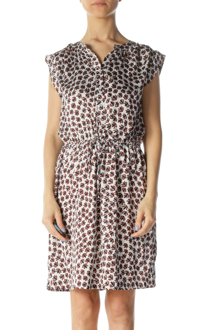 Black/Brown/White Print Buttoned Drawstring Day Dress