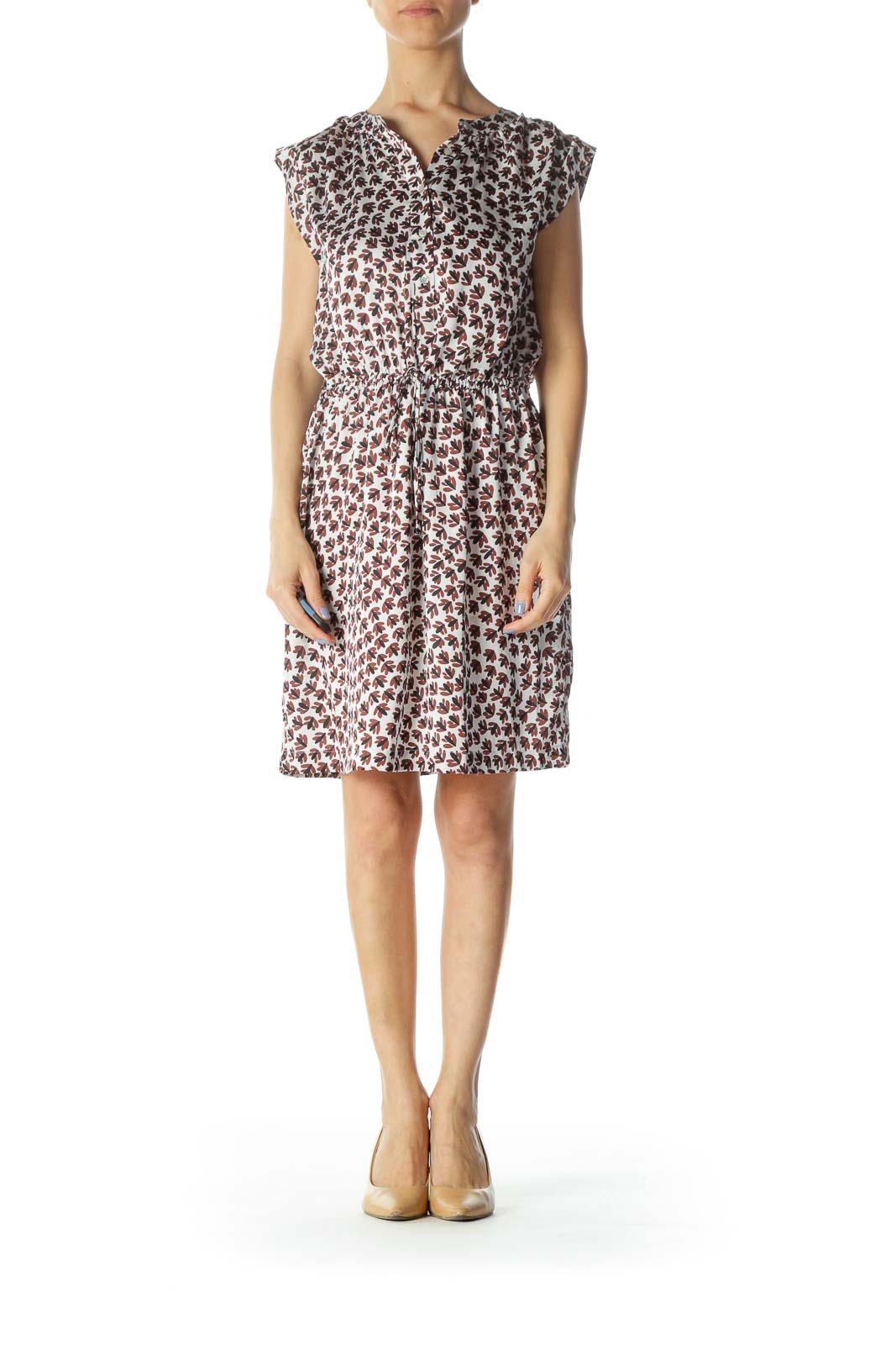 Black/Brown/White Print Buttoned Drawstring Day Dress