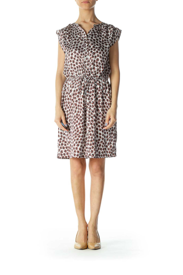 Black/Brown/White Print Buttoned Drawstring Day Dress