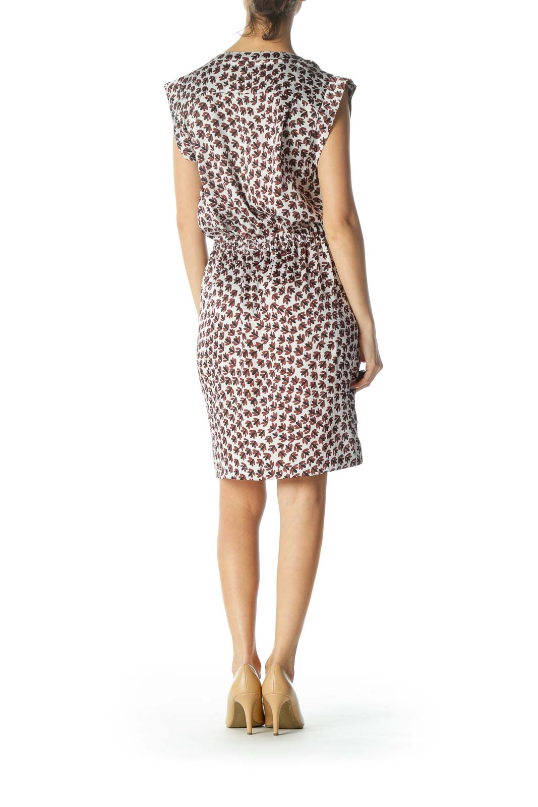 Black/Brown/White Print Buttoned Drawstring Day Dress