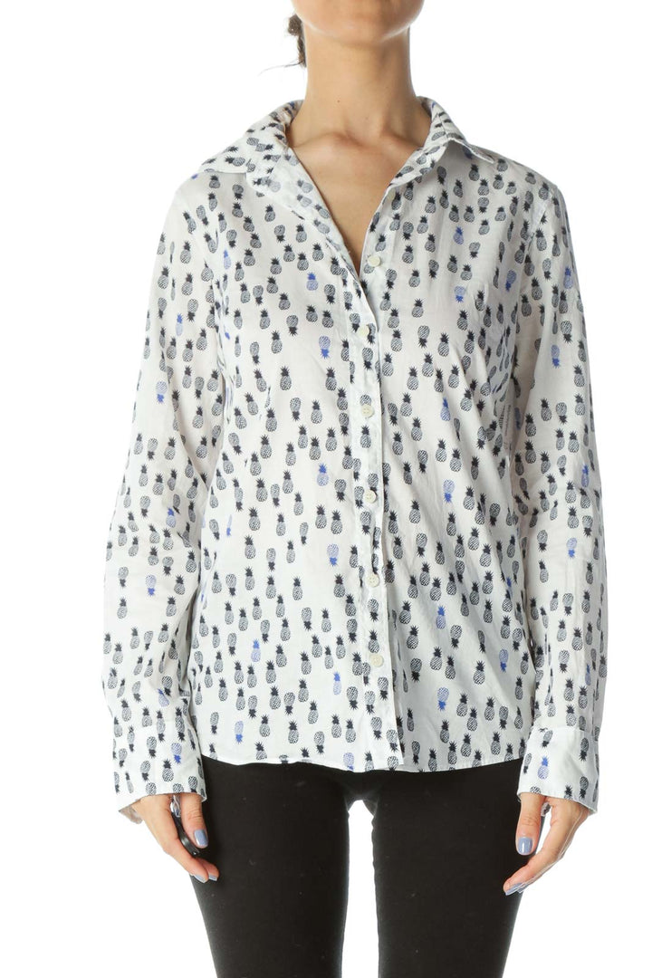 Black/Blue/White 100% Cotton Pineapple-Print Long-Sleeve Shirt