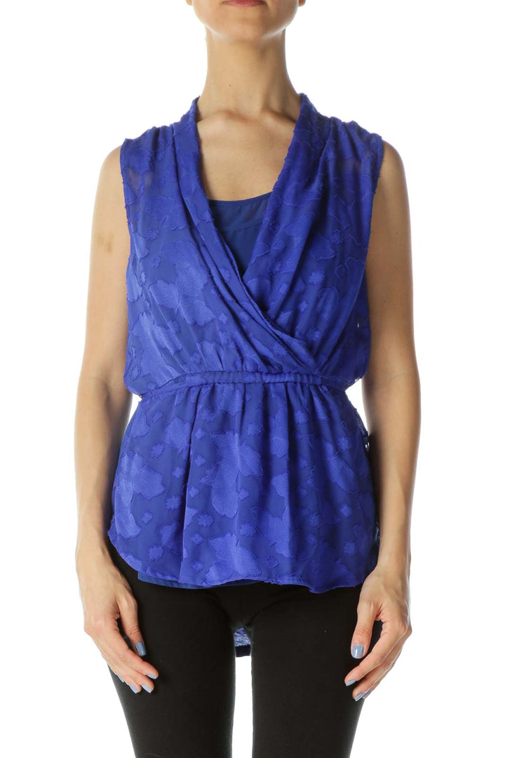 Royal-Blue Textured-Leaves Mixed-Media Sleeveless Top