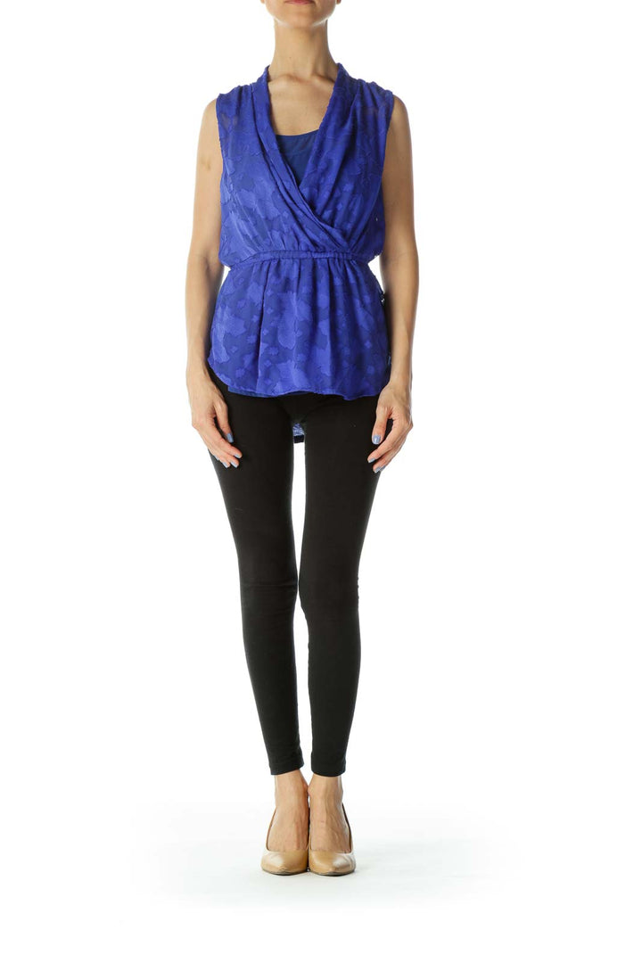 Royal-Blue Textured-Leaves Mixed-Media Sleeveless Top