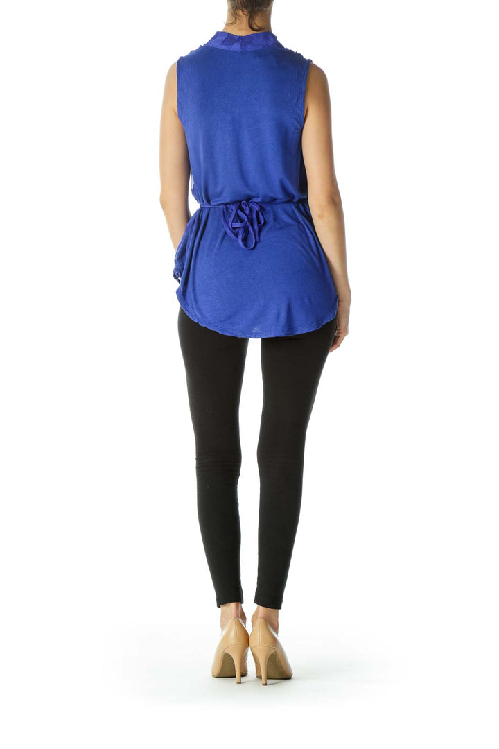 Royal-Blue Textured-Leaves Mixed-Media Sleeveless Top