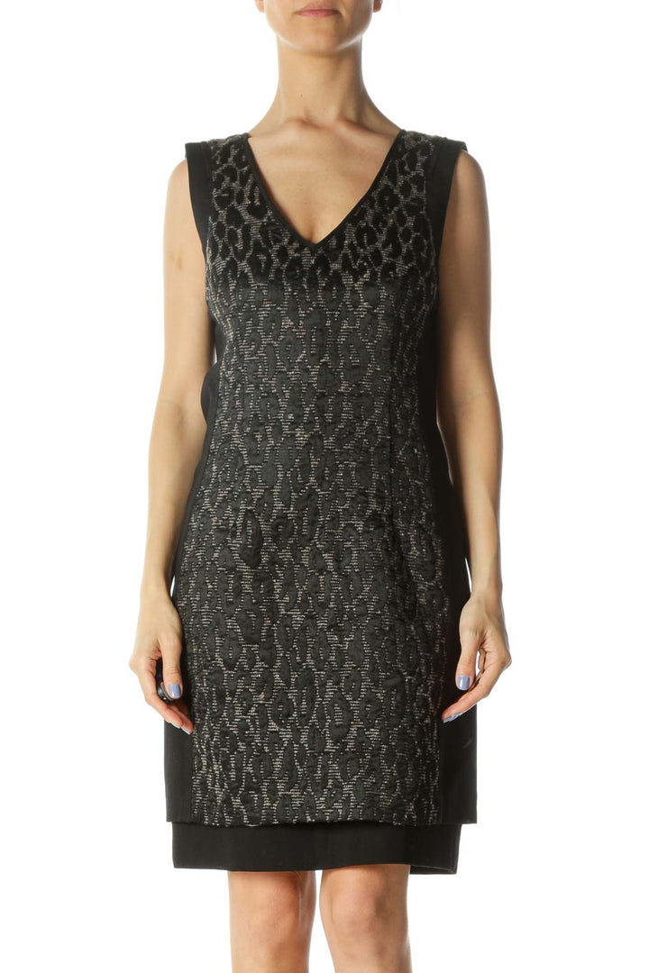 Black/Beige Leopard-Texture Lined Cocktail Dress