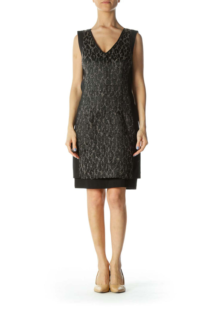 Black/Beige Leopard-Texture Lined Cocktail Dress