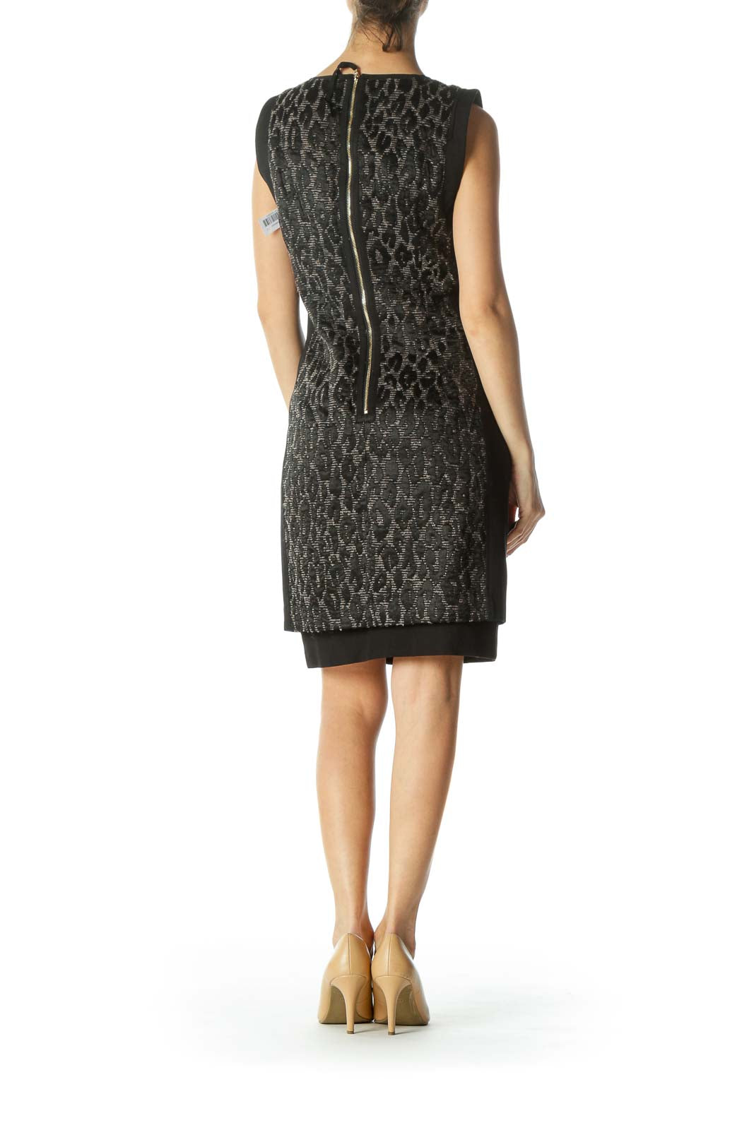 Black/Beige Leopard-Texture Lined Cocktail Dress