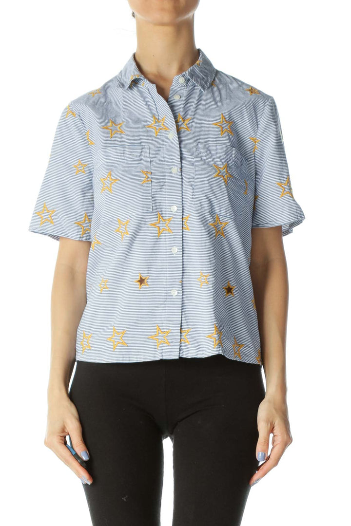 Blue/White/Yellow Stripes Stars Cut-Out Short-Sleeve Shirt