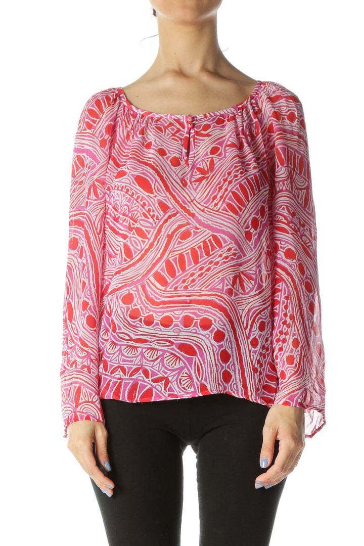 Red/Magenta-Pink/White Silk Print Keyhole See-Through Blouse