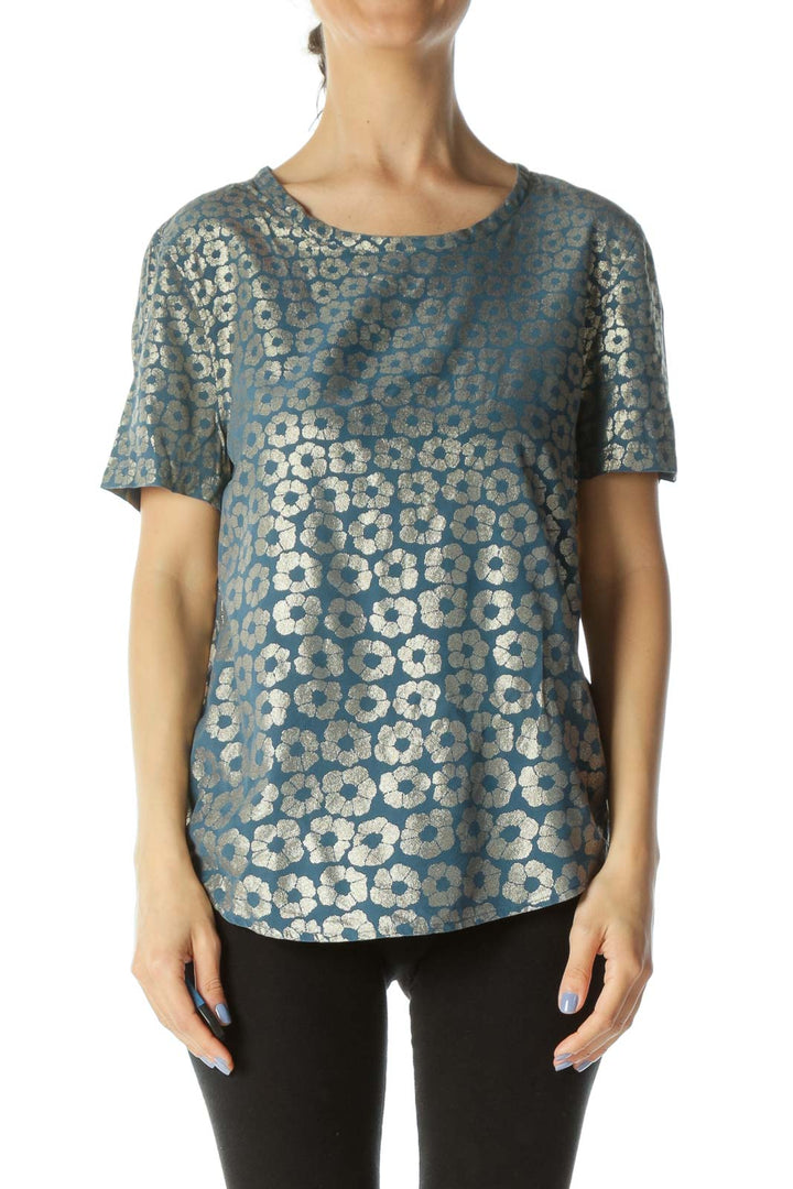 Teal-Blue/Gold Short-Sleeve Round-Neck Silk Floral-Print Top