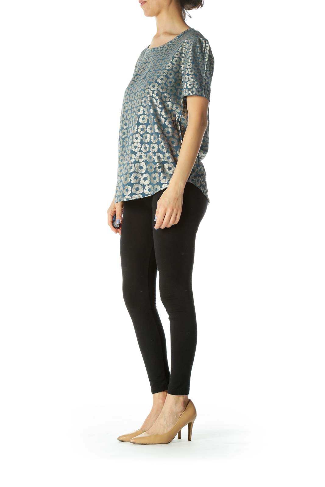 Teal-Blue/Gold Short-Sleeve Round-Neck Silk Floral-Print Top