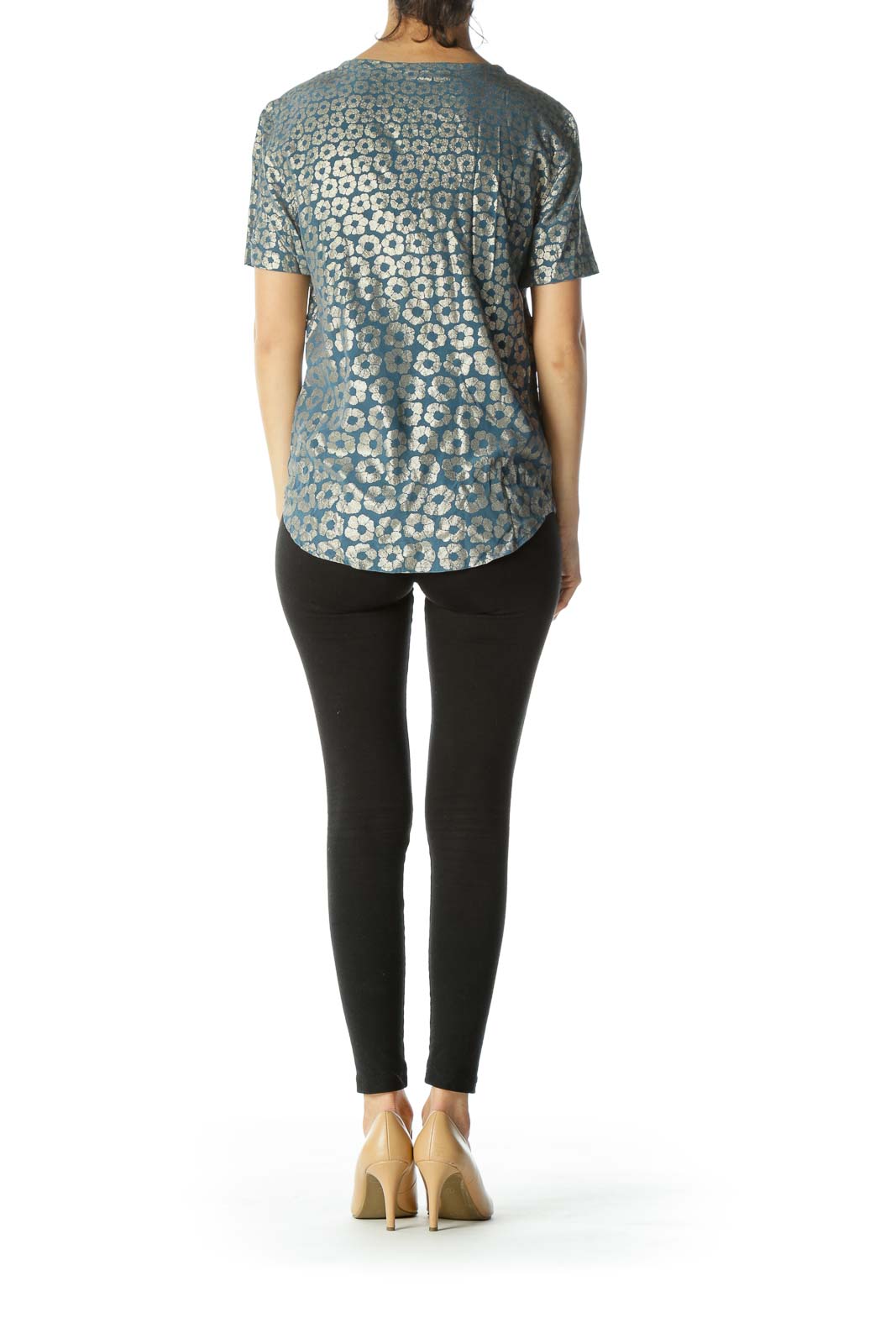 Teal-Blue/Gold Short-Sleeve Round-Neck Silk Floral-Print Top