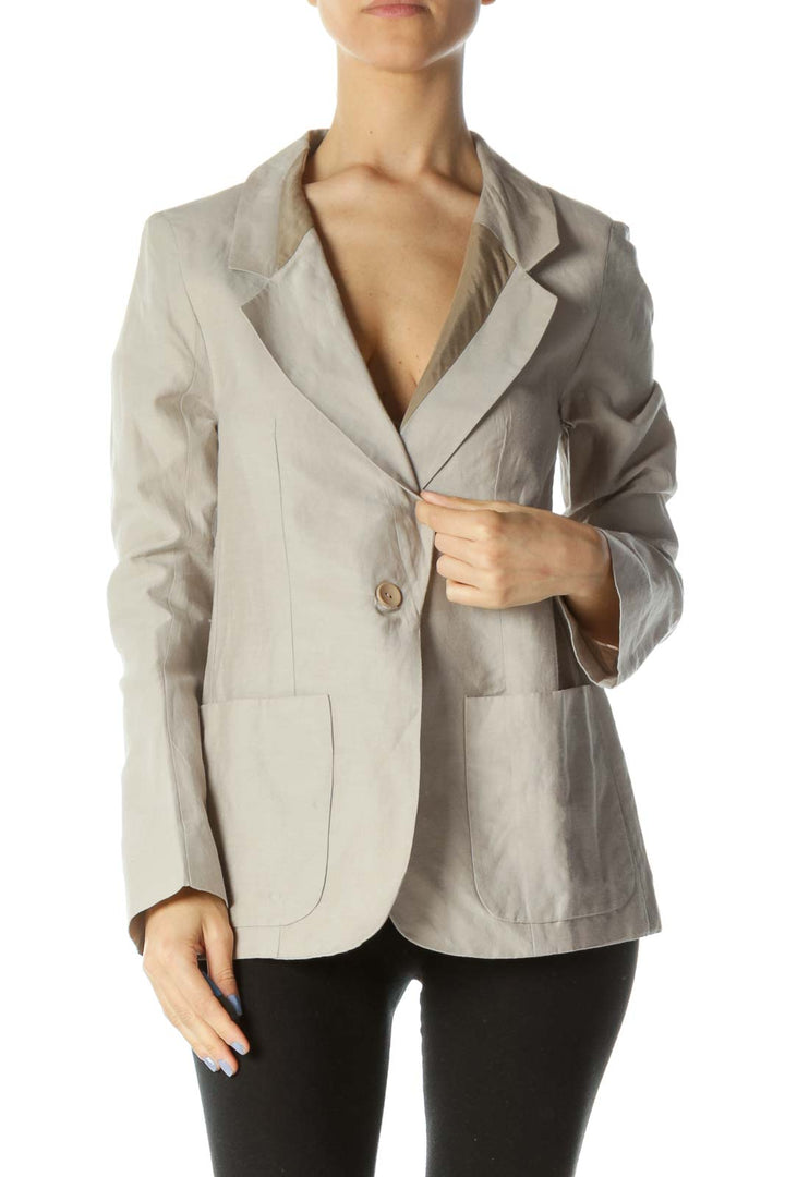 Beige Color-Blocked Designer Single Closure Blazer