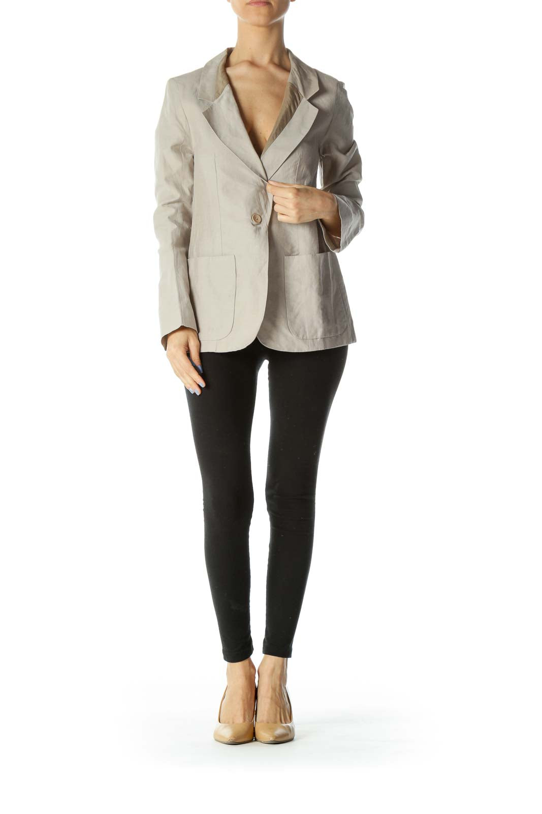 Beige Color-Blocked Designer Single Closure Blazer