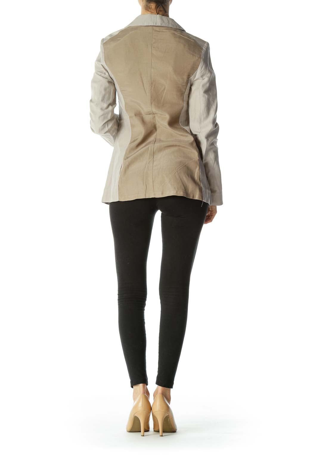 Beige Color-Blocked Designer Single Closure Blazer