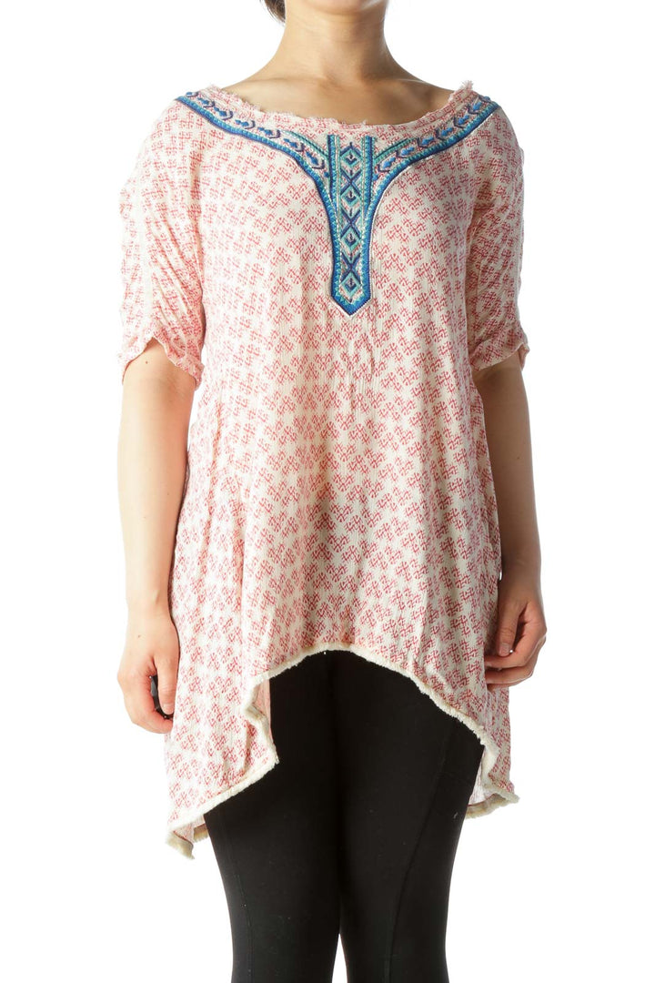 Beige Red Blue Neckline Embroidery Detail Tunic Top