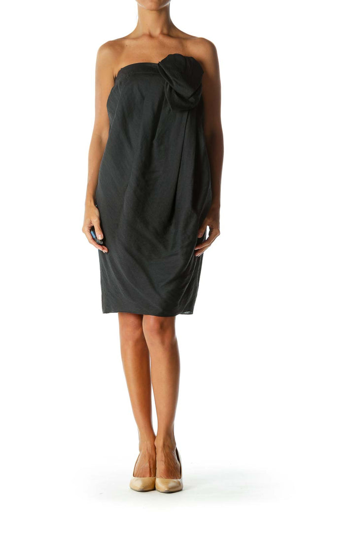 Black Strapless Designer Pleated Cocktail Dress with Chest Applique