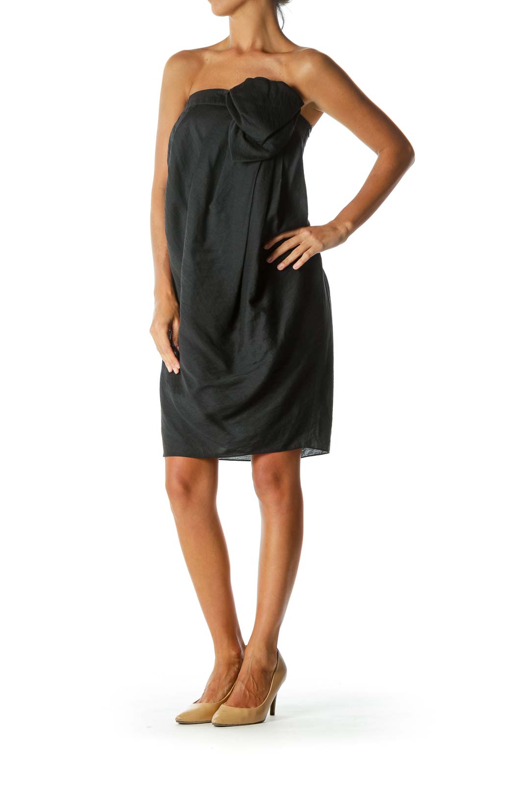 Black Strapless Designer Pleated Cocktail Dress with Chest Applique