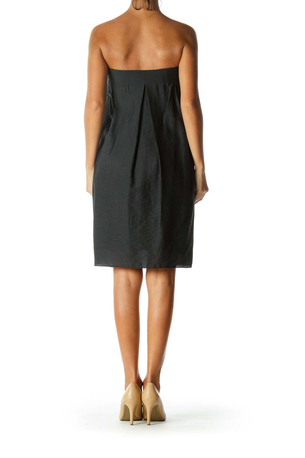 Black Strapless Designer Pleated Cocktail Dress with Chest Applique