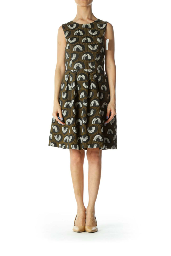 Green/Black/White Textured Printed Pleated Pouf Pocketed Cocktail Dress