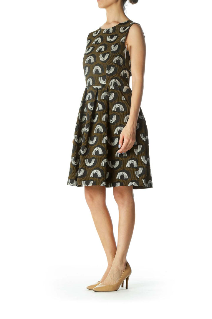 Green/Black/White Textured Printed Pleated Pouf Pocketed Cocktail Dress