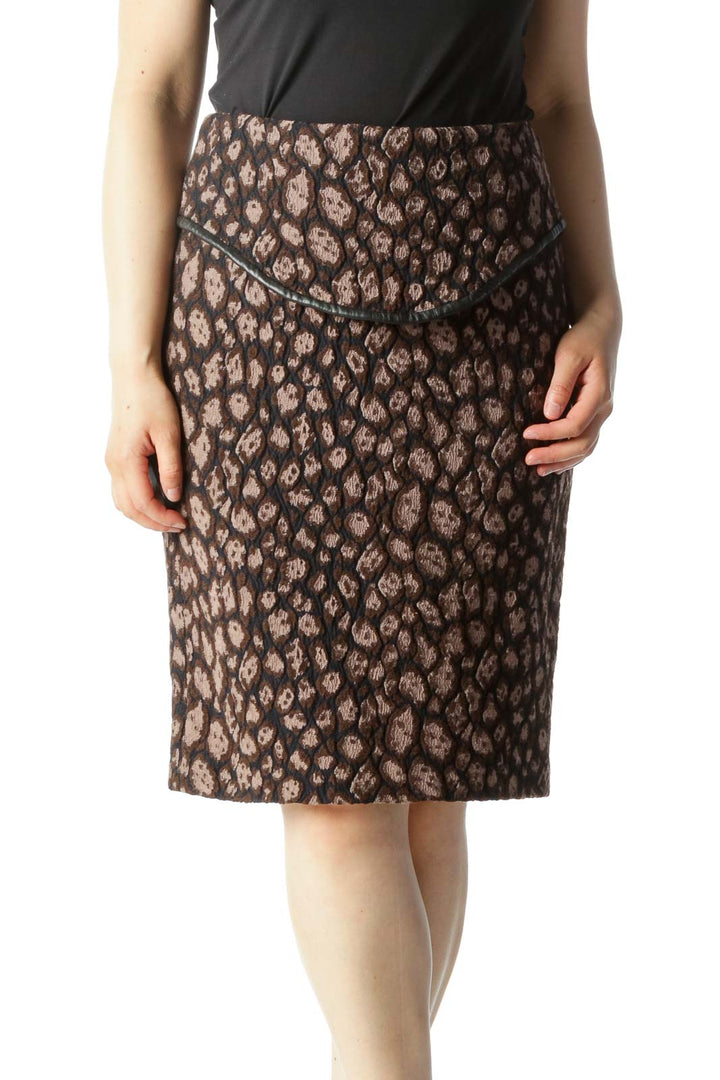 Brown Black & Beige Brocade Printed Pencil Skirt With Leather Combo