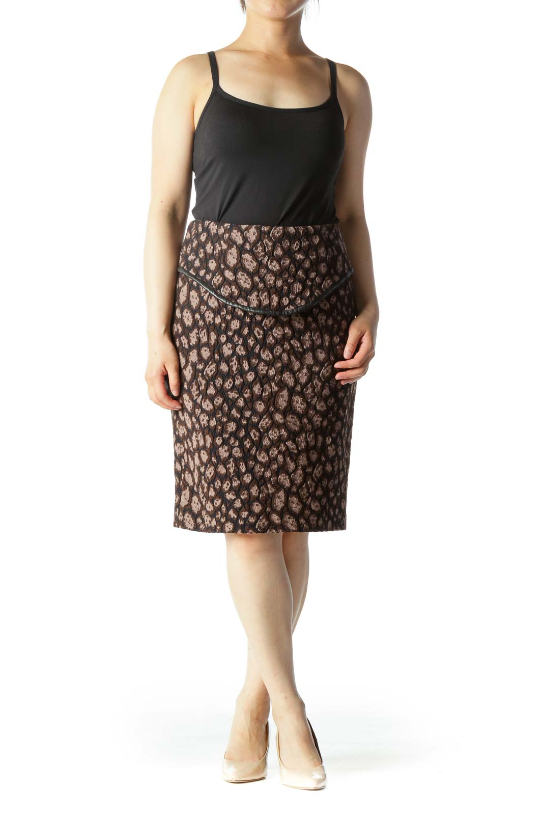 Brown Black & Beige Brocade Printed Pencil Skirt With Leather Combo