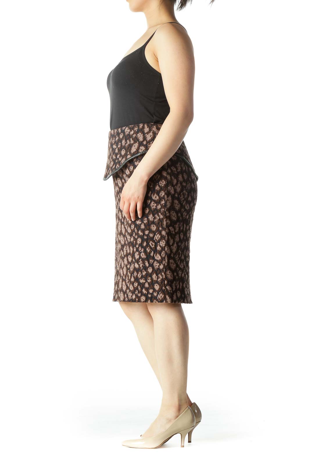 Brown Black & Beige Brocade Printed Pencil Skirt With Leather Combo