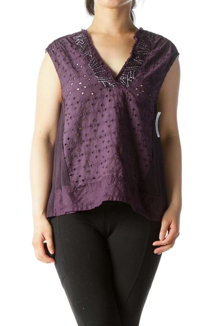 Purple Metallic Thread Eyelet Tank Top