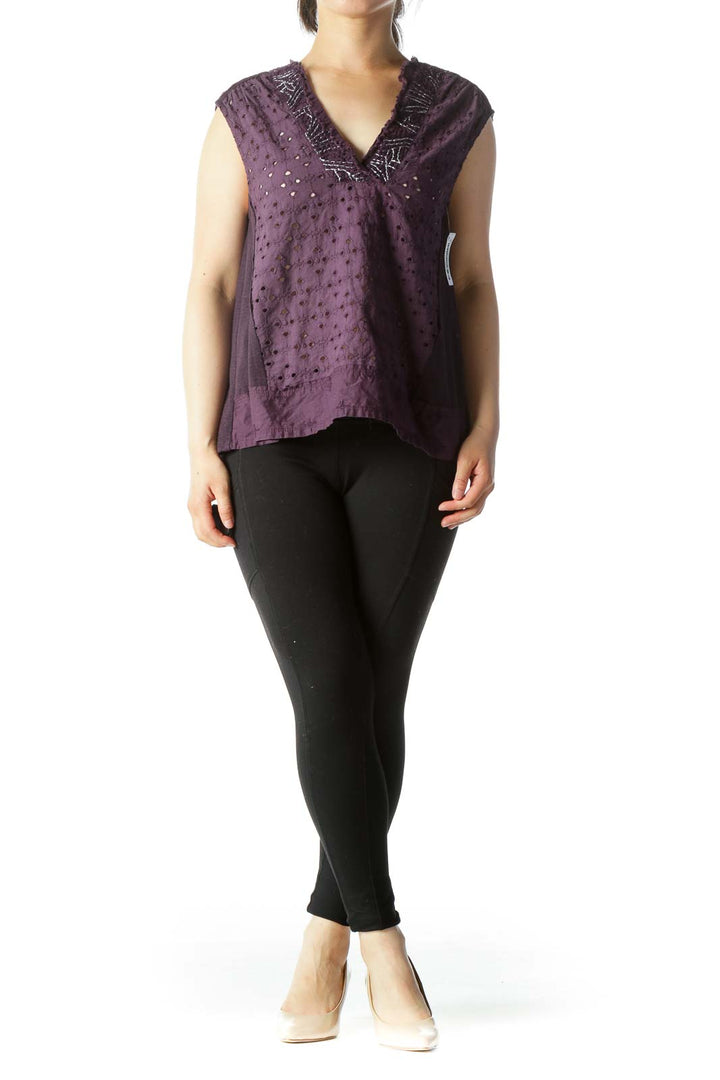 Purple Metallic Thread Eyelet Tank Top