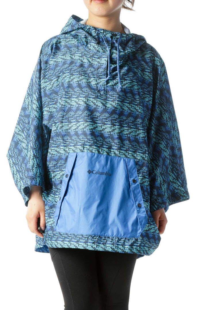 Blue Print Pocketed Hooded Short-Sleeve Wind-Breaker Jacket