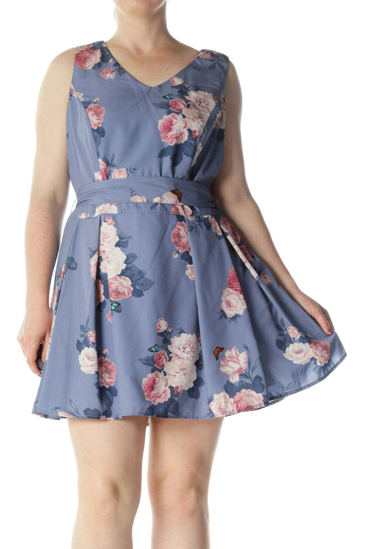 Purple & Pink Floral Sleeveless V-Neck Flared Day-Dress