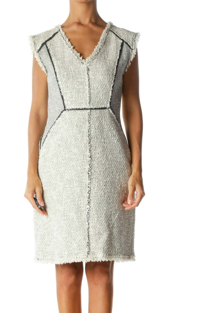 Cream & Gray Tweed Zipper-Piping Fringed-Hem Sleeveless Day Dress