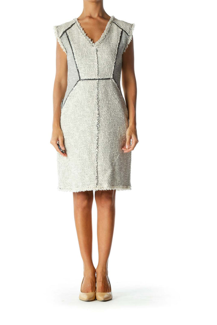 Cream & Gray Tweed Zipper-Piping Fringed-Hem Sleeveless Day Dress