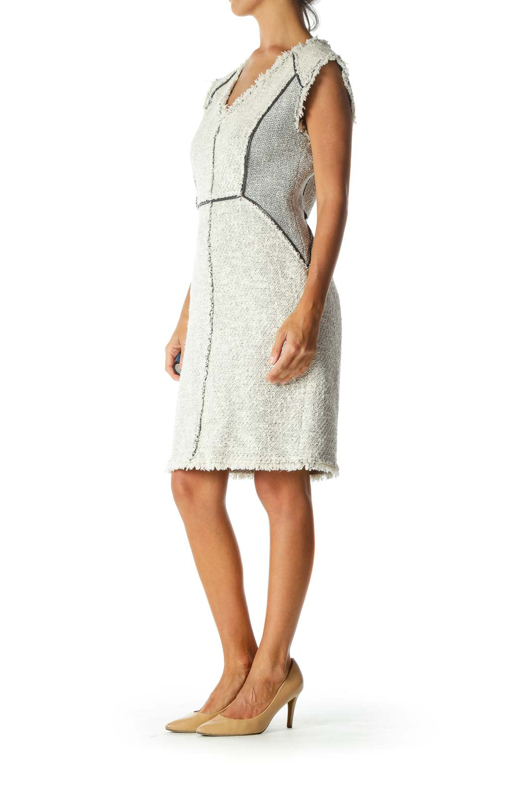 Cream & Gray Tweed Zipper-Piping Fringed-Hem Sleeveless Day Dress