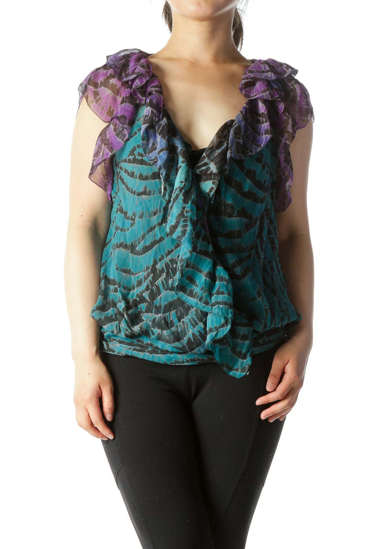 Purple Blue Printed Silk and Bamboo Blend Inside Top Blouse