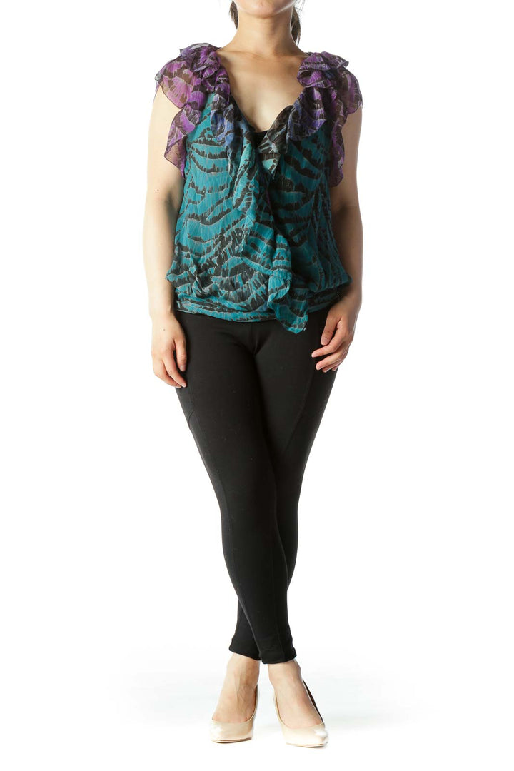 Purple Blue Printed Silk and Bamboo Blend Inside Top Blouse