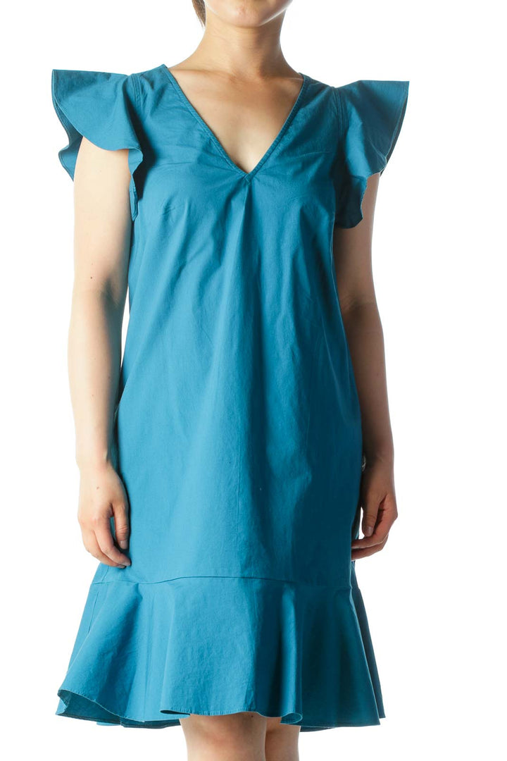 Teal V-Neck Cotton Ruffled Dress