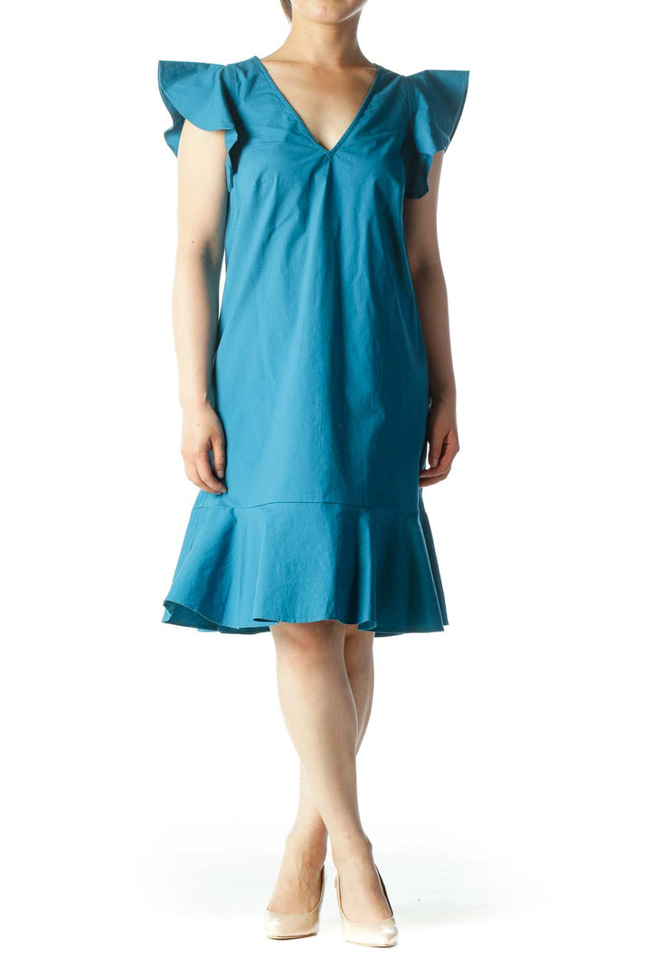 Teal V-Neck Cotton Ruffled Dress